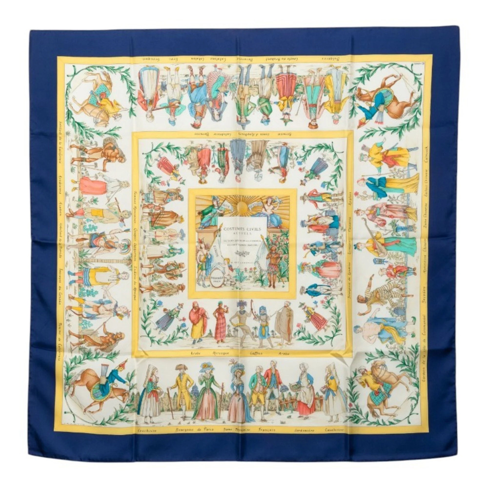 Hermes Carre 90 Costumes Civils Actues Scarf/Muffler, Navy Multicolor Silk, W...